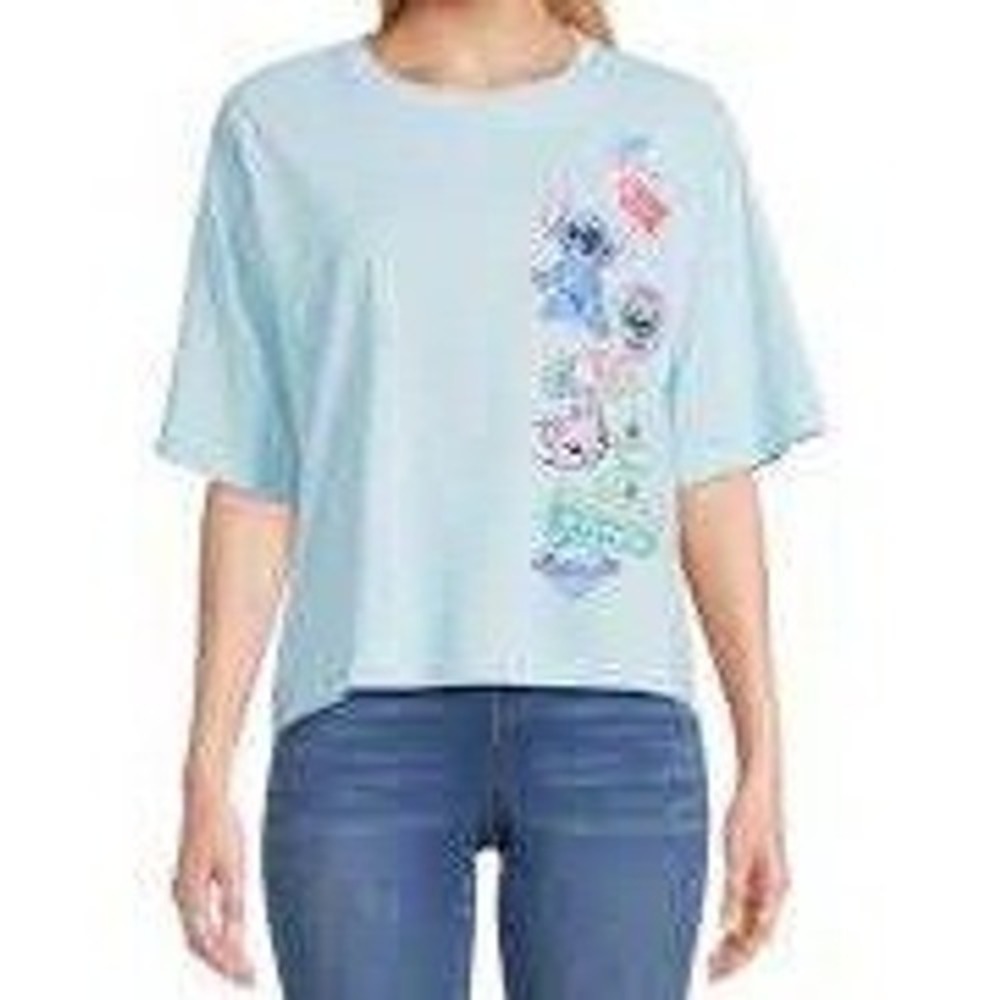 Lilo & Stitch Multi Patch Aqua Blue Cropped T-Shirt Size Medium